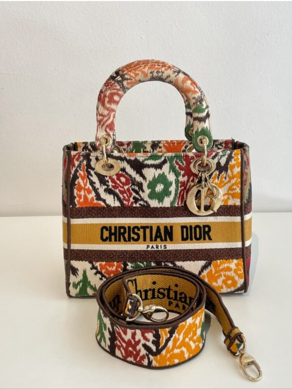 Dior Multicolor Patterned Mini Tote with Yellow Logo Stripe